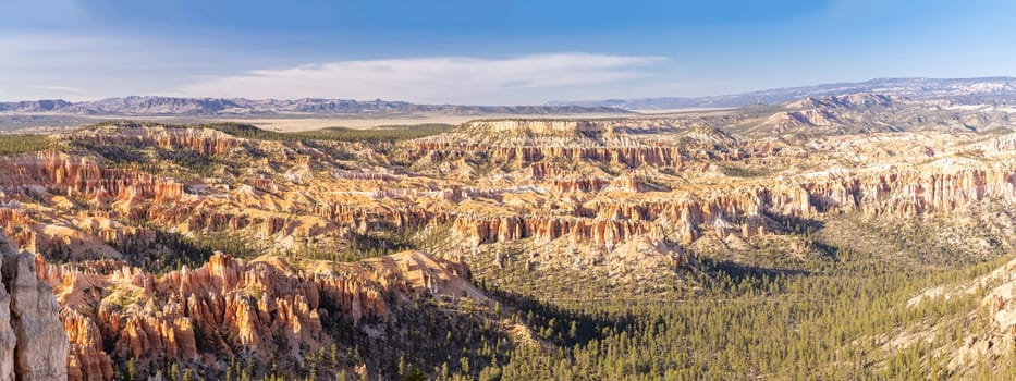 Panorama Landscape Hoodoos in Bryce Canyon National Park viewpoint in Utah United States. USA American National Park Landscape travel destinations and tourism concept. Web Banner crop.