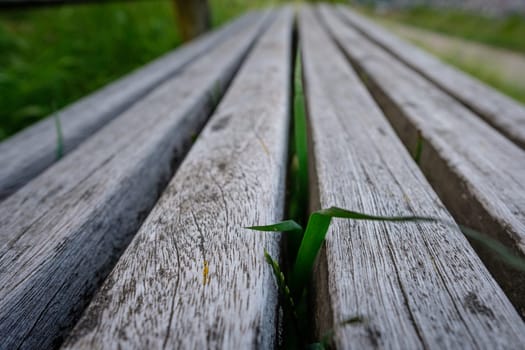 Weathered rustic wooden bench close-up