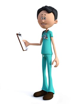 3D rendering of a young cartoon doctor wearing a stethoscope and holding a clipboard or medical chart. White background.