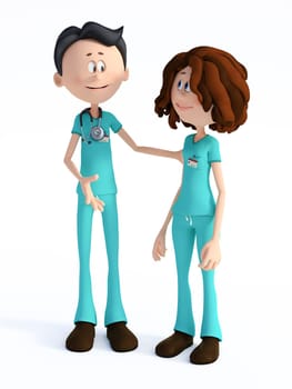 3D rendering of a young smiling friendly cartoon doctor wearing a stethoscope talking to a nurse. White background.