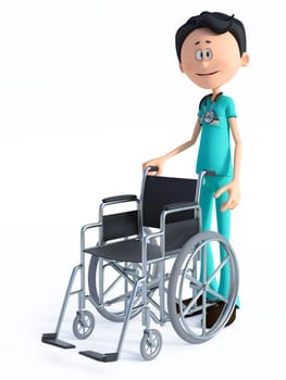 3D rendering of a young smiling friendly cartoon doctor wearing a stethoscope and standing with an empty wheelchair. White background.