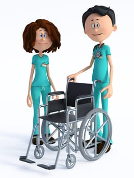 3D rendering of a young nurse and smiling friendly cartoon doctor wearing a stethoscope and standing with an empty wheelchair. White background.
