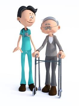 3D rendering of a young smiling friendly cartoon doctor wearing a stethoscope helping an elderly man with walker. White background.
