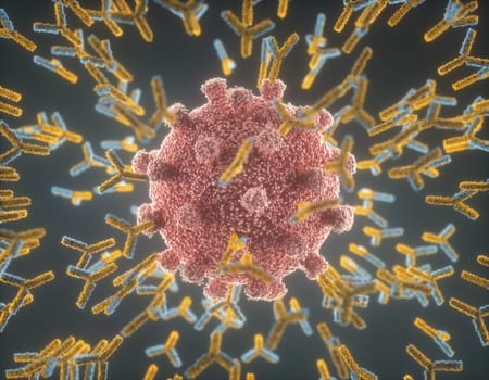Immunological system, antibodies attacking the virus covid-19. 3D illustration, concept of the body's defense system. Y-shaped antibody attacking the coronavirus.