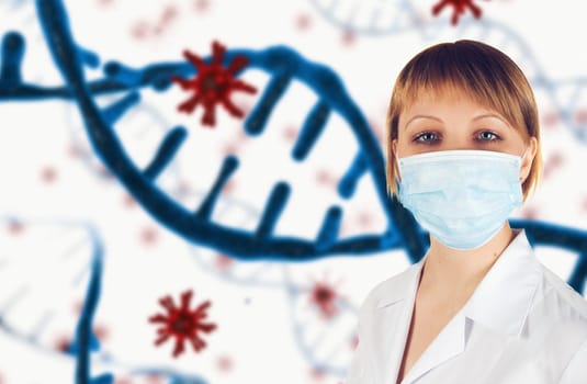 Female doctor with medical mask on 3d generated COVID-19 background background.
