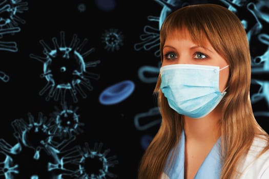 Female doctor with medical mask on 3d generated COVID-19 background background.