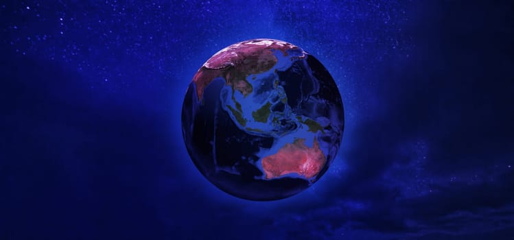 View of Earth from space with mediacal mask in neon tone. Concept of corona virus. Elements of this image furnished by NASA