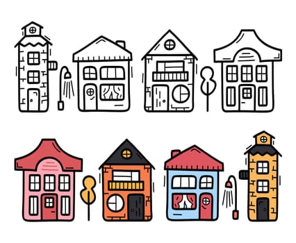 Decorative Scandinavian town house sign. Doodle vector pack of icons. Set of houses with roof window and door. Hand drawn vector illustration