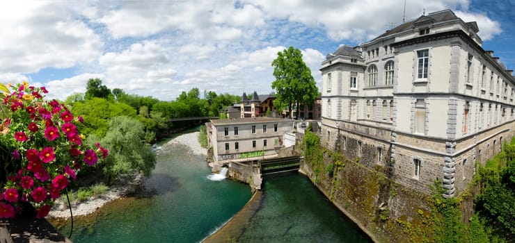 a French landscape in the country on the Oloron river. Oloron Sainte Marie, france
