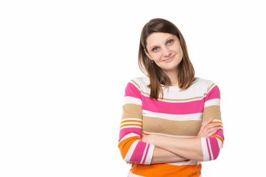 Portrait of a beautiful girl of thirty years of European appearance on a white background