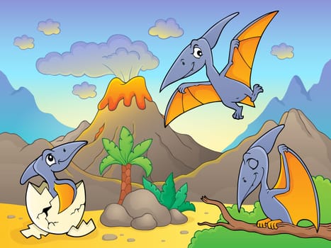 Pterodactyls near volcano image 1 - picture illustration.
