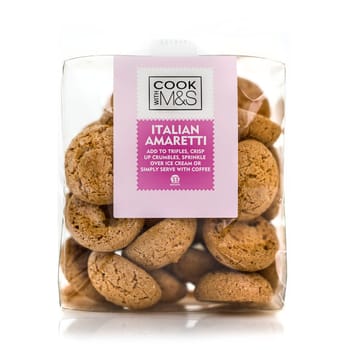 SWINDON, UK - AUGUST 18, 2014: Packet oF Marks and Spencer Italian Amaretti Biscuts on a White Background
