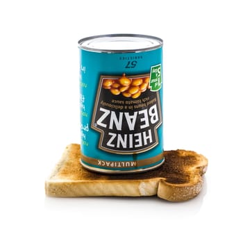 SWINDON, UK - AUGUST 10, 2014: Heinz Baked Beanz on Toast On a White Background