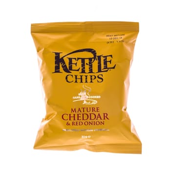 SWINDON, UK - AUGUST 10, 2014: Bag Of Mature Cheddar and Red Onion Kettle Chips on a white background
