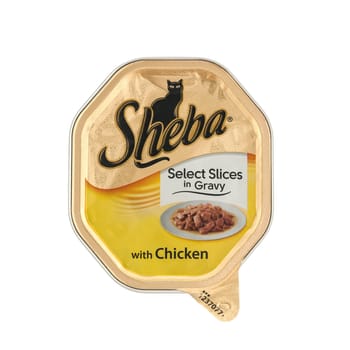 SWINDON, UK - MAY 25, 2014: Sheba Chicken Cat Food on a White Background