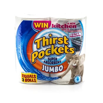 SWINDON, UK - AUGUST 2, 2014: Pack Of Jumbo Thirst Pockets Kitchen Roll on a White Background