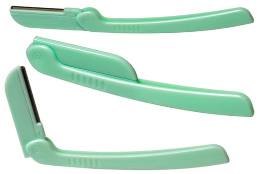 Cosmetic tools. Close-up of a green eyebrow razor isolated on a white background. Beauty concept. Macro in three different views.