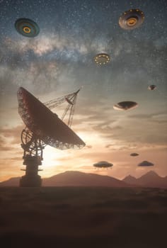 Close encounters of the third kind. Unidentified objects coming from space. Contact with extraterrestrials UFO. 3D illustration.