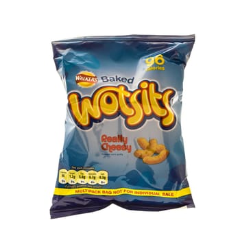 SWINDON, UK - AUGUST 10, 2014: Bag of Walkers Wotsits cheese snack on a white background