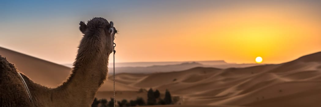 Merzouga in the Sahara Desert in Morocco. Afica. Web banner in panoramic view.