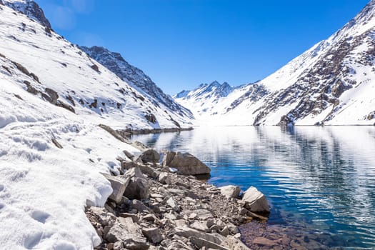 ski in chile on a sunny day with lots of snow. South America.