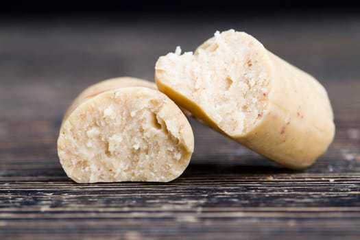 pressed white cheese from dairy and other ingredients, food from packaging
