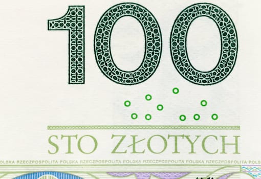 new bill worth one hundred Polish zlotys, close-up of cash Polish money