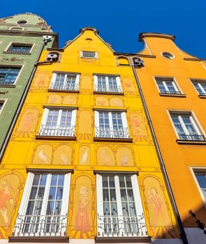 Vintage architecture of Old Town in Gdansk, Tricity, Pomerania, Poland on 26 August 2019