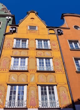 Vintage architecture of Old Town in Gdansk, Tricity, Pomerania, Poland on 26 August 2019