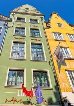 Vintage architecture of Old Town in Gdansk, Tricity, Pomerania, Poland on 26 August 2019