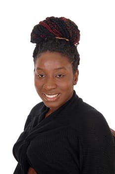 A close up image of an African American woman with her curly hair.as a bun on her head, smiling, isolated for white background.