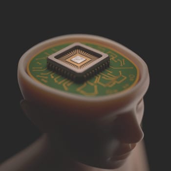 Microprocessor in the head. Concept of science and technology.