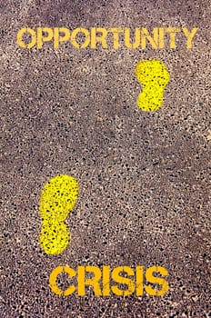 Yellow footsteps on sidewalk from Opportunity to Crisis message. Conceptual image