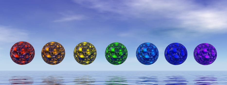 Colorful chakra spheres by day- 3D render