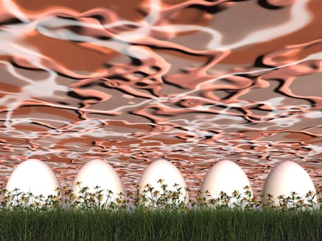 Easter eggs in nature by strange sunset- 3D render