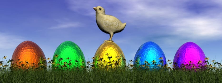 Easter eggs and chick in nature by day- 3D render