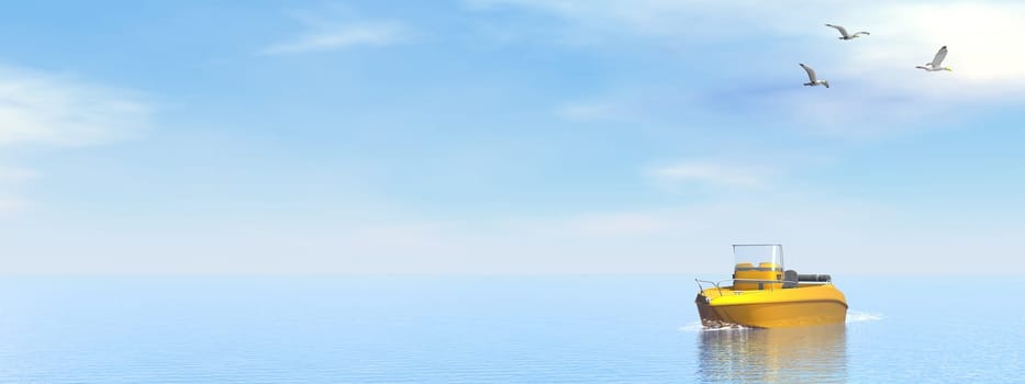 Small pleasance boat on the water and segulls by beautiful day - 3D render