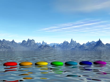Chakra steps upon water near mountains by day - 3D render