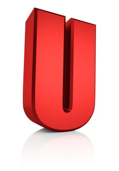 u letter. red letter on reflective floor. white background. 3d render