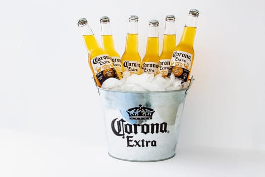 Calgary, Alberta, Canada. June 07, 2020. A bucket of Corona with ice and beers not open.
