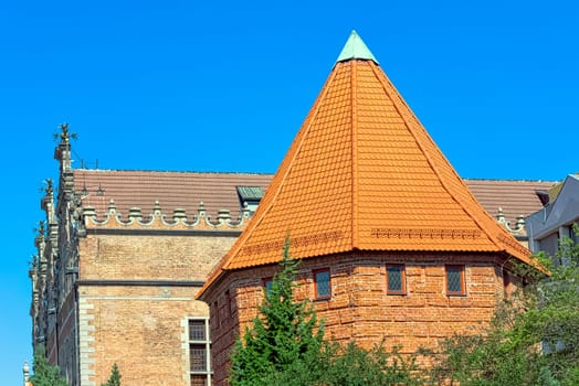 Vintage architecture of Old Town in Gdansk, Tricity, Pomerania, Poland on 26 August 2019