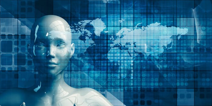 Female Robot with Management Strategy Concept Background