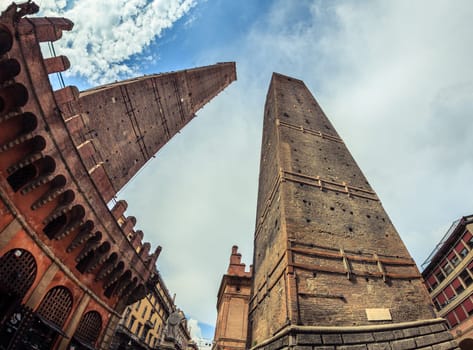 Fisheye view of the Two Towers in historic center of Bologna, Italy