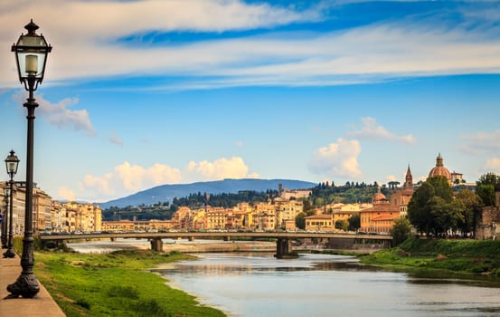 Scenic view of the city of Florence, Italy from the embankment of the Arno River.