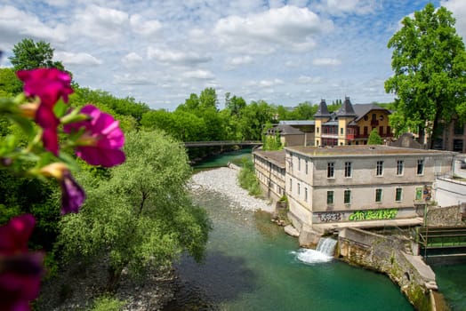 a French landscape in the country on the Oloron river. Oloron Sainte Marie, france