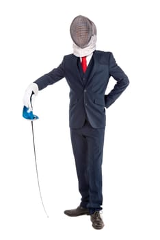 Male fencer businessman, ready for a duel isolated in white background