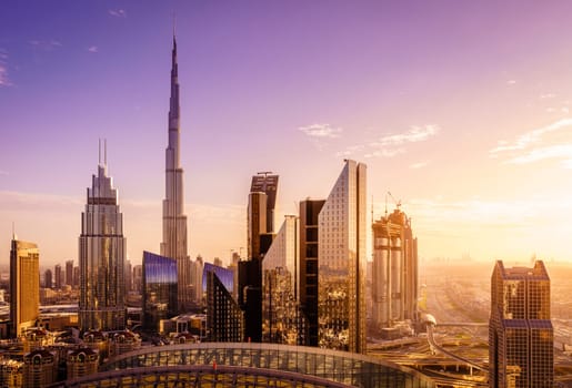 View of Duba downtowni skyline at sunset