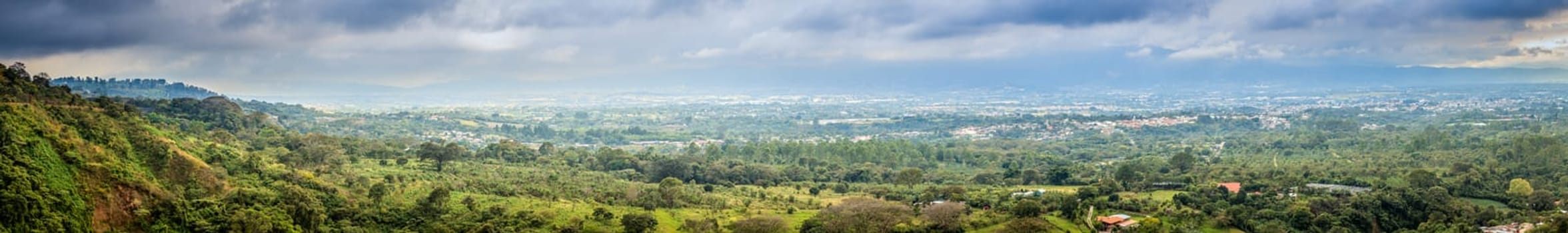 Panoramic view of Costa Rica countryside and small farms near San Jose.