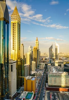 High point view of Dubai Financial District skyline in the evening