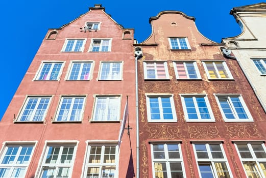 Vintage architecture of Old Town in Gdansk, Tricity, Pomerania, Poland on 26 August 2019